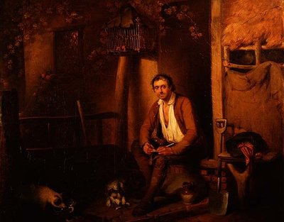 コテージの外観と座っている労働者 作： William Redmore Bigg