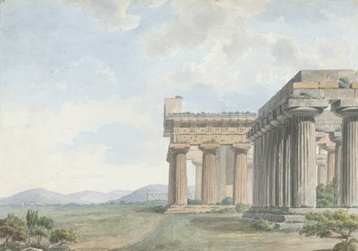 レヴァントのビュー：ペストゥムの寺院遺跡、c.1785（紙と黒鉛の上にペンとインクを備えたトイレ） 作： William Reveley