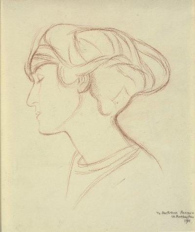 女性の頭 (パルテニア パッサーノ?) の横顔を左に 作： William Rothenstein