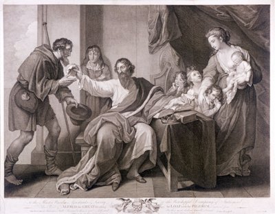 パンを巡礼者に分けているアルフレッド大王、1782 年 作： William Sharpe