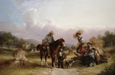 2人の旅行者に挨拶する収穫機 作： William Shayer