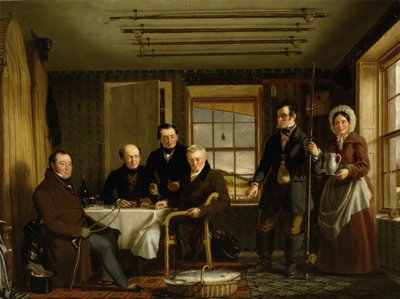 スコットランドのフィッシングロッジでの鮭の漁獲量についての議論、1840年頃（キャンバスに油彩） 作： William Shiels