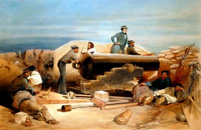 A Quiet Day in Diamond Battery - portrait of a Lancaster 68-pounder」クリミア戦争1855-1856年 作： William Simpson