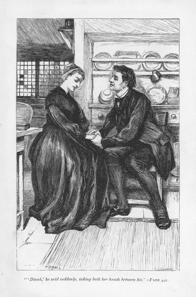 物語の試練を乗り越えたAdam Bedeは、メソジストの説教師Dinah Morrisに愛を告げる。ジョージ・エリオット著『アダム・ビード』（1859年初版）。ウィリアム・スモール（1843-1929）による挿絵（1885年頃に出版された版より）。 作： William Small