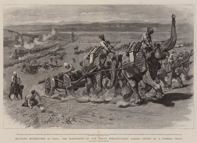インドでの軍事作戦、追い越し列車で恐怖を感じる重戦車バッテリーの象 作： William Small