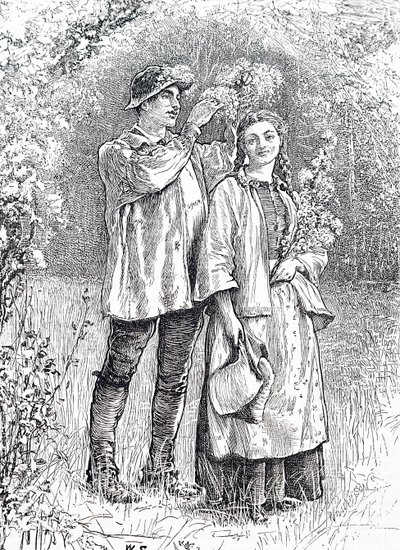 メイ・クイーンが恋人にサンザシの花輪を戴く様子。イギリスのイラストレーター、ウィリアム・スモール（1843-1929）によるもの。 作： William Small