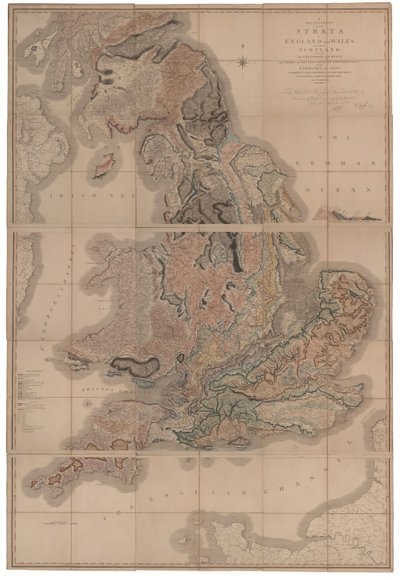 スコットランドの一部を含むイングランドとウェールズの地層の描写最初の地質図 作： William Smith