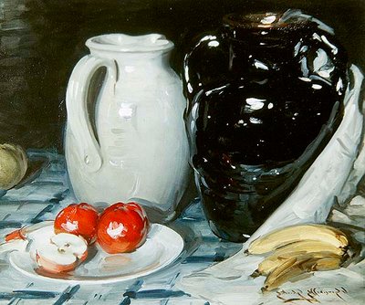 リンゴとバナナのある静物、大きな水差しと花瓶 (船上に油) 作： William Somerville Shanks