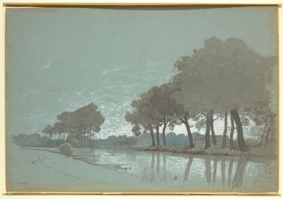 デッサン、ベルギー、ブルージュ近郊の運河の風景、1875-80年 作： William Stanley Haseltine