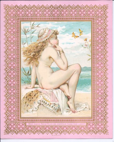 ビーチでの入浴美容のビクトリア朝の年賀状、1881年 作： William Stephen Coleman