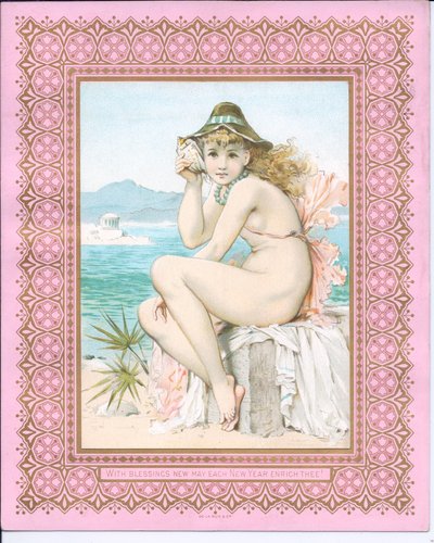 貝殻を耳に当てたビーチでの水着美女のビクトリア朝の年賀状、1881年頃 作： William Stephen Coleman