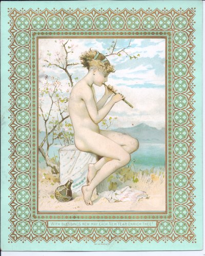 フルート奏者、1881年頃のビーチでの入浴美女のビクトリア朝の年賀状 作： William Stephen Coleman