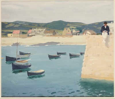 港の端で読書する少年 作： William Strang