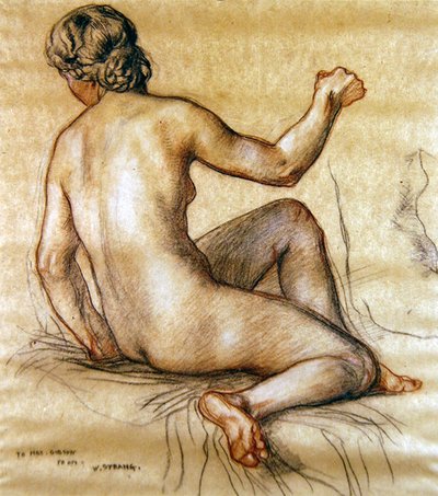 後ろから座っている女性のヌードの習作 1890年頃（紙に木炭、赤と白のチョーク） 作： William Strang