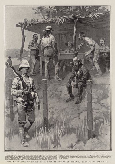 刑務所生活の明るい面、バミューダのピンポンで遊んでいるボーア囚人 作： William T. Maud