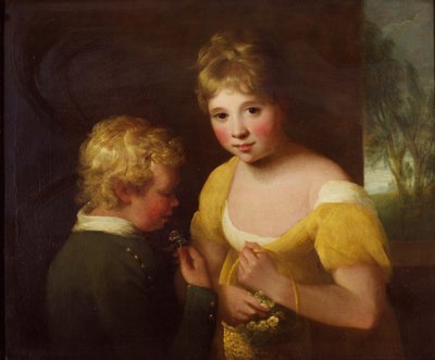 花のバスケットを持った2人の子供（油彩・キャンバス 作： William Tate