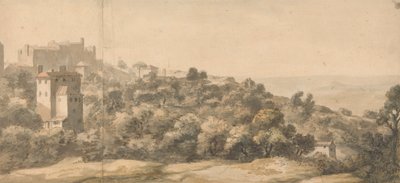 Uma paisagem italiana: vila em uma colina à esquerda, encosta inclinada para a direita, com vale distante além 作： William Taverner