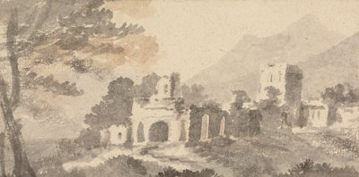 荒廃した城のあるイタリアの風景 作： William Taverner