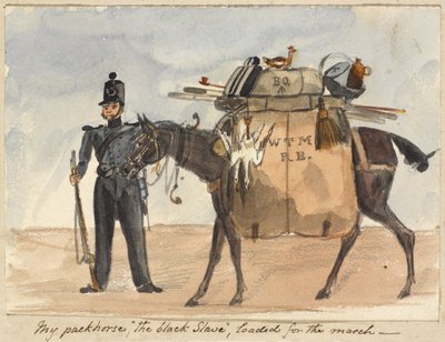行進のために荷を積んだ私の荷馬、黒い奴隷、1854年頃（紙に水彩と鉛筆） 作： William Thomas Markham