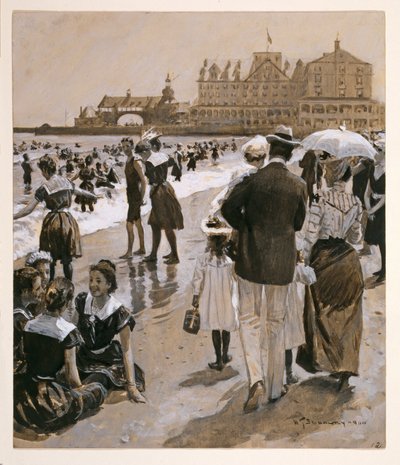 ハーパーズウィークリー、パブからのビーチシーン。 1900（カラーリトグラフ） 作： William Thomas Smedley