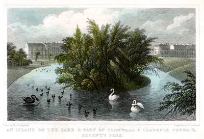 湖の上の島とコーンウォールとクラレンステラスの一部、リージェンツパーク、ロンドン、1828年。 作： William Tombleson