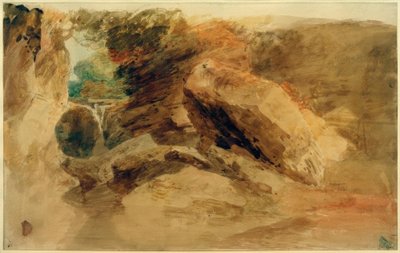崖の下の岩、狭い水路に流れ込む 作： Joseph Mallord William Turner