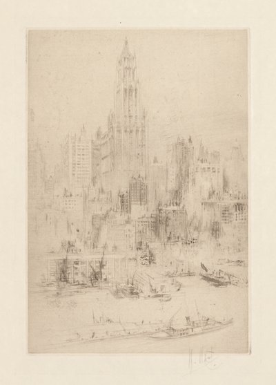 ウールワース ビルのあるイースト リバーから見たマンハッタンのダウンタウン 作： William Walcot
