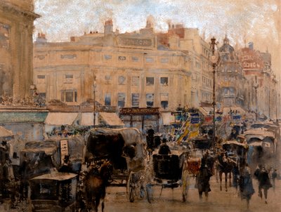 ラッシュアワー、オックスフォード・サーカス（水彩、ニス、ボディカラー、着色紙） 作： William Walcot