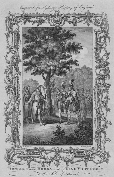 1773年、サネット島でヴォルティガーン王と出会ったヘンゲストとホルサ。 作： William Walker