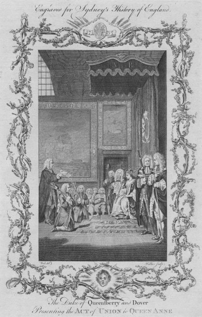 クイーンズベリー公爵とドーバー公は1773年にアン女王に連合法を提示した。 作： William Walker