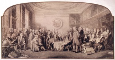 1807-1808年の科学界の著名人たち。イギリスの王立科学研究所の図書館での会合。ウィリアム・ウォーカーとサー・ジョン・ギルバート（1817 - 1897）によるエングレーヴィング - 1807年に生きた著名な科学者たち - Eminent Men of Science 作： William Walker