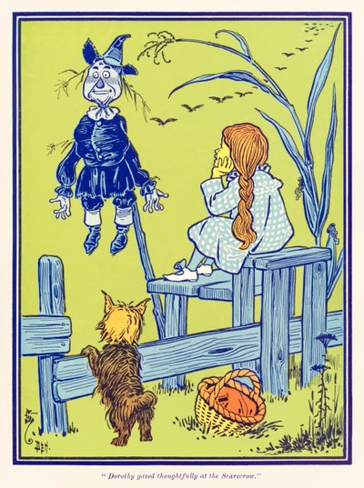 ドロシーはかかしを注意深く見つめました。オズの魔法使い？ L・フランク・バウム 作： William Wallace Denslow