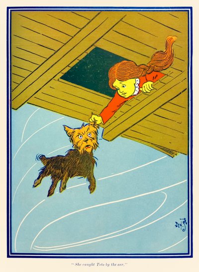 オズの魔法使い』（L.フランク・ボーム著）より「トトを耳で捕まえた」。 作： William Wallace Denslow