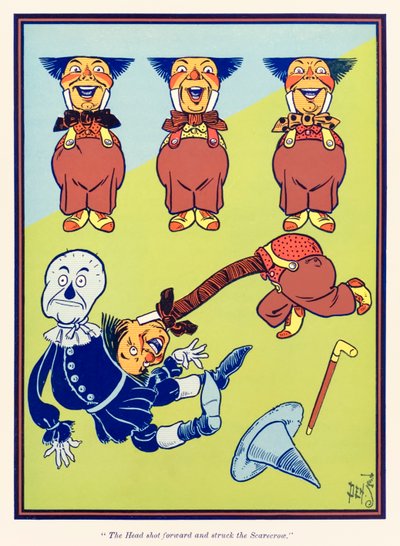 頭が前に出て、かかしに当たった。 L・フランク・ボーム著「オズの魔法使い」より 作： William Wallace Denslow
