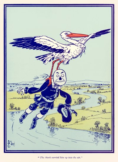 コウノトリが彼を空中に運んだ。オズの魔法使い？ L・フランク・バウム 作： William Wallace Denslow