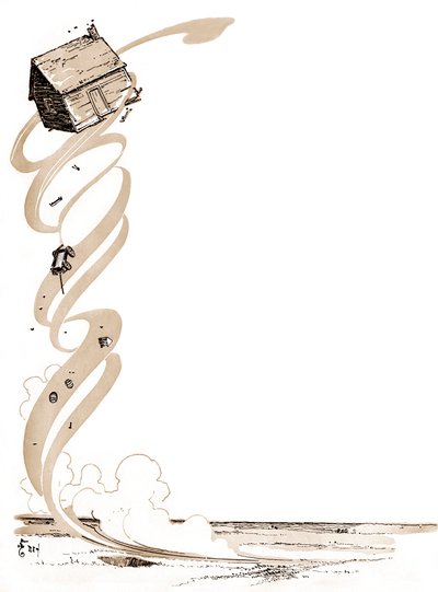 オズの魔法使い - The Wizard of Oz: Denslow, William Wallace (1856-1915)がフランク・ボームの初版の1つに描いた絵 - カンザスのドロシー（ドロシー）の家がサイクロン（竜巻、ハリケーン）によって空に運ばれる。 作： William Wallace Denslow