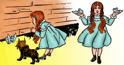 オズの魔法使い - The Wizard of Oz: Denslow, William Wallace (1856-1915)が、Frank Baum (1856-1919)の1900年の初版のために制作した2つの画像を編集中 - ドロシー(Dorothy)は、愛犬のトトを伴って、魔法の銀の靴を回復させる。 作： William Wallace Denslow