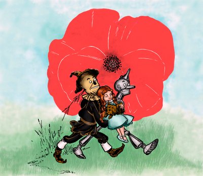 オズの魔法使い - The Wizard of Oz: Denslow, William Wallace (1856-1915)がフランク・ボームの本の初版の1つに描いた絵 - ドロシー（ドロシー）と彼の犬のトトは、かかしとトトによって致命的なポピー畑から遠く離れている。 作： William Wallace Denslow
