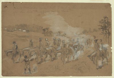 カウツの騎兵隊は、襲撃の後、バトラー将軍の列でキャンプに戻ってきました 作： William Waud