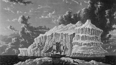 1819年7月、バフィン湾の氷山、「大西洋から太平洋への北西航路の発見のための航海日記」から、ウィリアムエドワードパリー、出版 作： William Westall