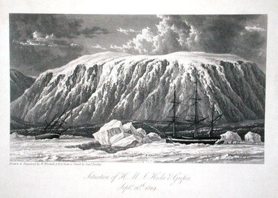 1819年9月20日、H.M.S.ヘクラとグリパーの状況（ウィリアム・エドワード・パリー著、1821年発行の「Journal of a Voyage for the Discovery of a North West Passage from the Atlantic to the Pacific performed in Year 1819-20」より）（エングレーヴィング 作： William Westall