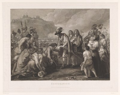 1660 年 5 月 25 日、イングランドのチャールズ 2 世がドーバーのビーチに到着 復元（オブジェクトのタイトル） 作： William Woollett