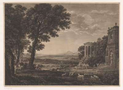アポロ神殿の前でいけにえを捧げるプシュケの父のいる風景 作： William Woollett