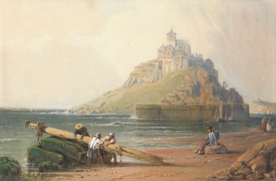 浜辺の人物とモン・サン・ミッシェルの眺め 作： William Wyld