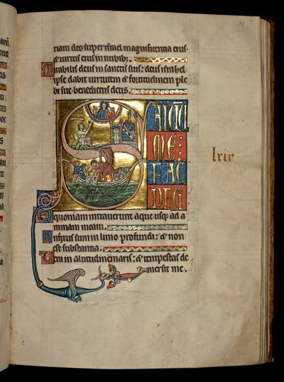 Ms 322 f.67r、Psalm 68、最初のS、クジラとヨナから投げ出されたヨナの出口でキリストに祈るヨナ、「De Braile Psalter」のイラスト、c.1250 作： William de Brailes  
