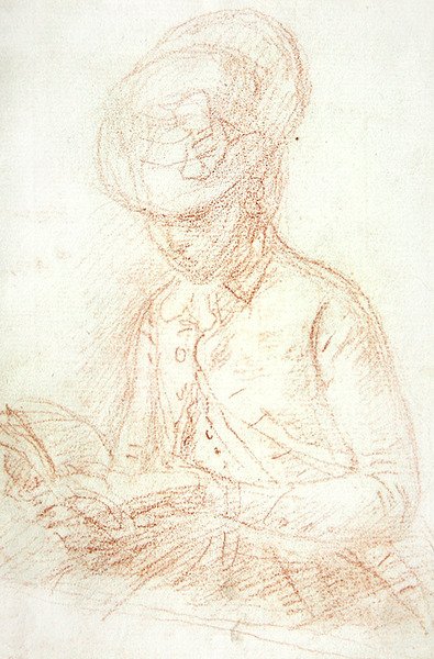 読書をする乗馬姿の女性（紙に赤チョークで描いたもの） 作： William of Bath Hoare