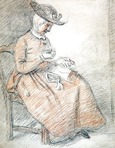 座って裁縫をする女性（紙に赤と黒のチョーク） 作： William of Bath Hoare