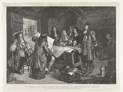 ヴィレム 3 世は、1688 年に漁師の小屋で戦争評議会を開く オレンジの王子の上陸後の戦争評議会 (オブジェクトのタイトル) 作： Williamson