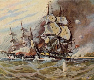 1849年4月5日、エッケルンフェルデ近郊のドイツ軍の海岸砲台（カラーリトグラフ）。 作： ウィリー・ストーワー