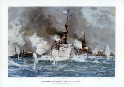 1898年7月3日、1900年のサンティアゴデクーバの戦い。 作： Willy Stöwer